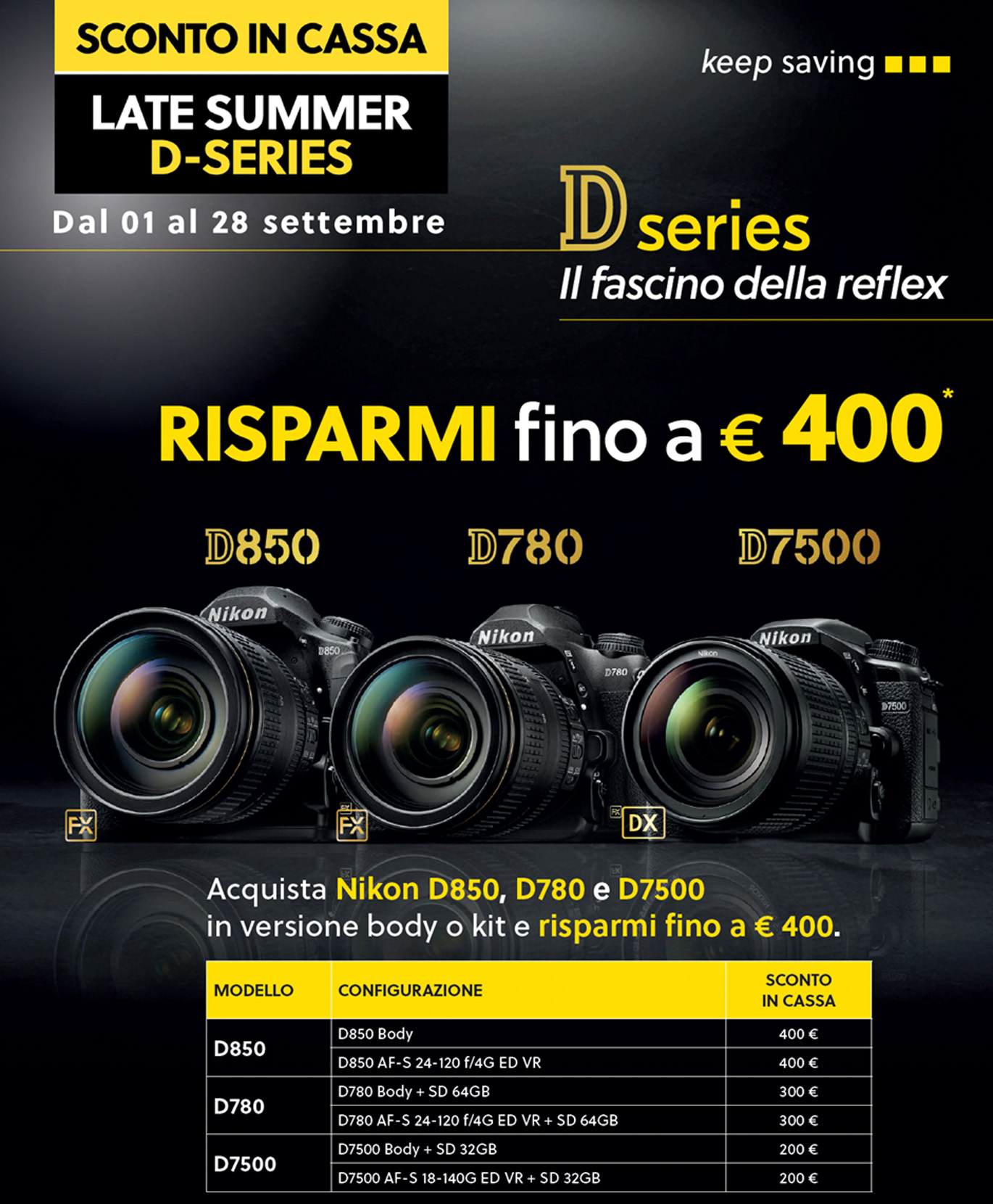 LOCANDINA promozione nikon serie D sconto in cassa 2026